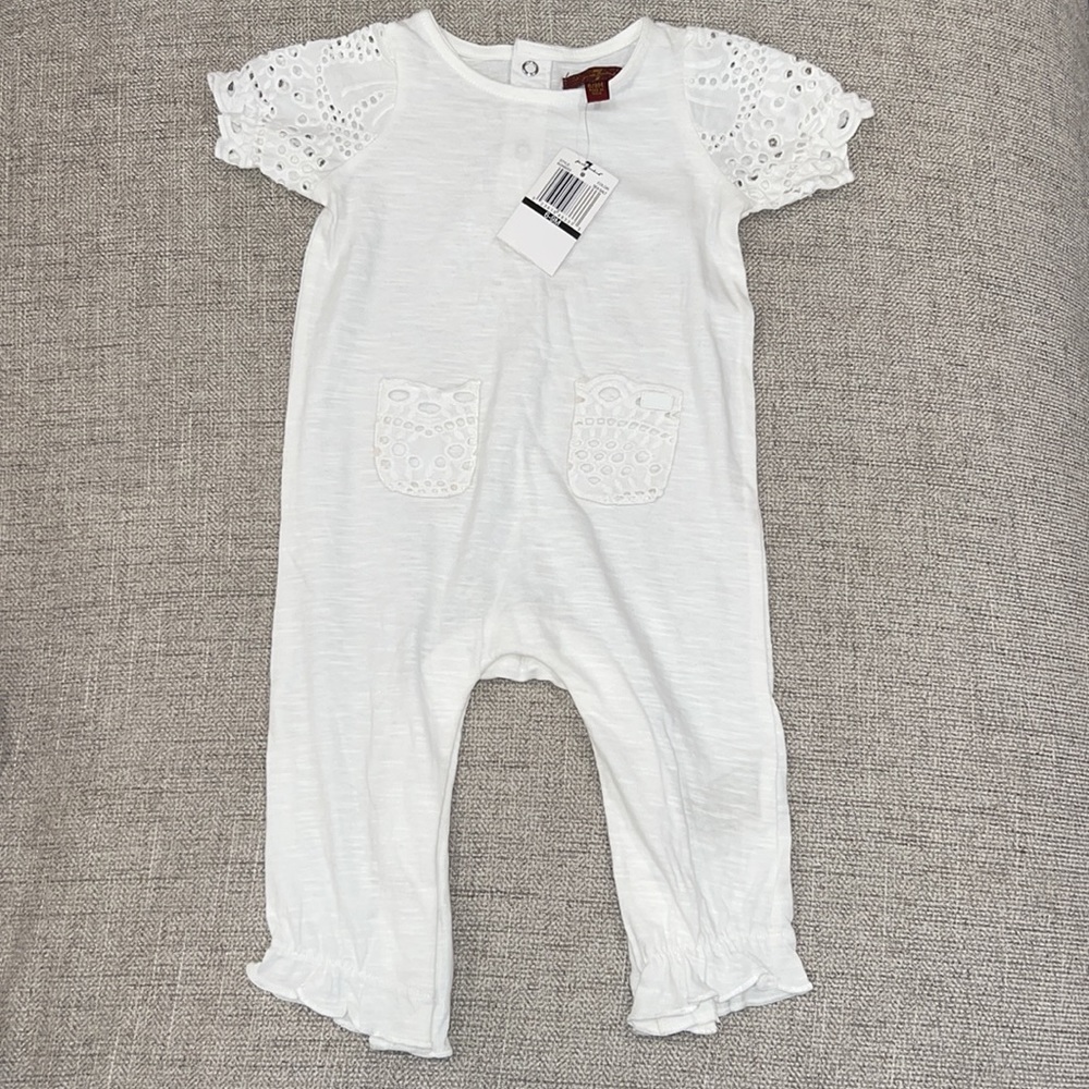 NWT 7 For All Mankind White Boho Crochet Burnout Baby Onesie- 6 to 9 months - Picture 3 of 12